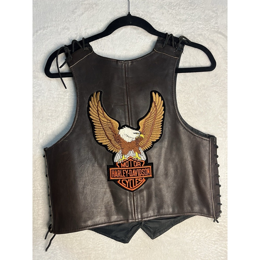 Vintage Brown Leather Biker Vest Lace Up Sides Eagle Patch Size M/L